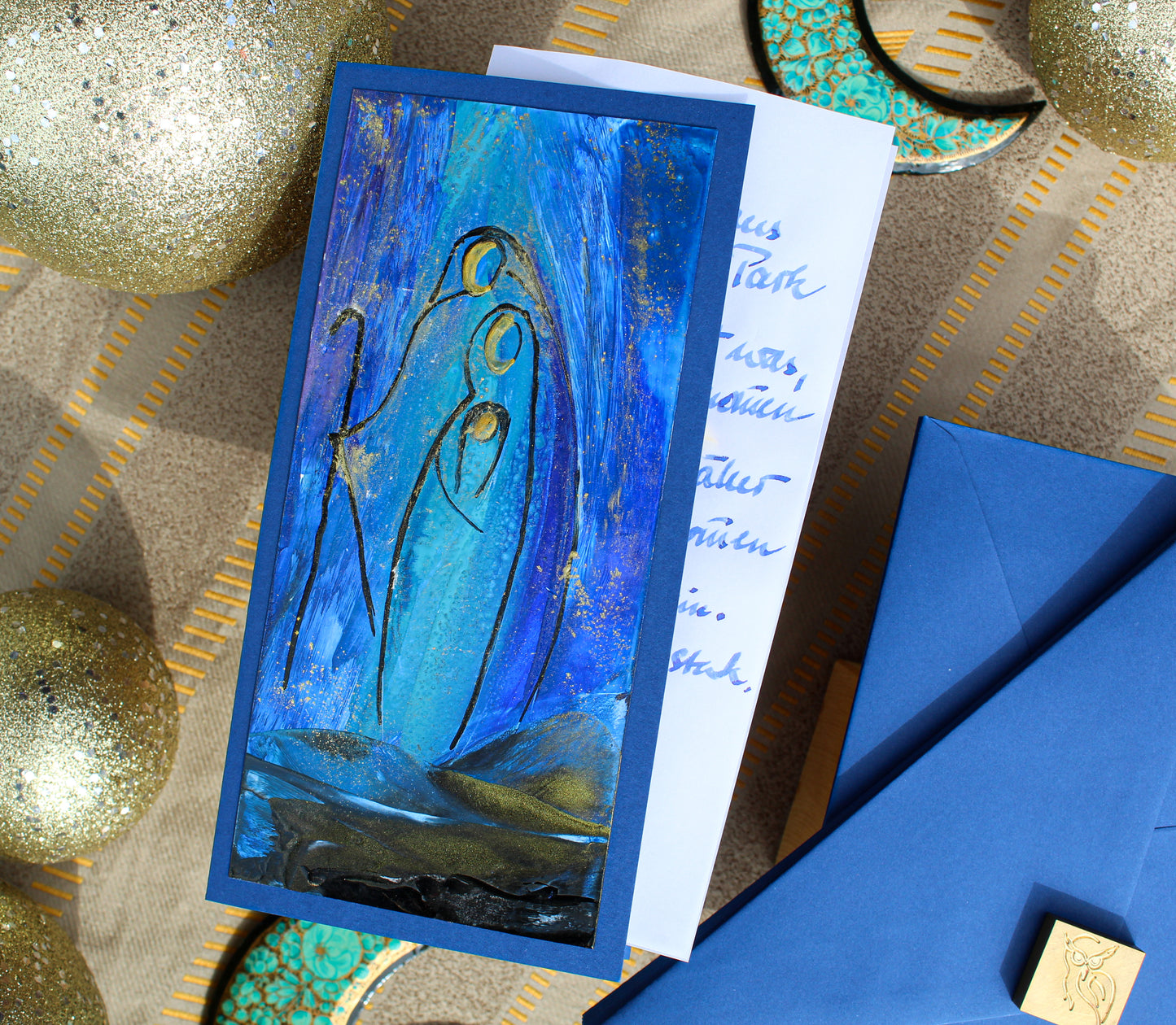 Blue Christmas Card. Gold Detail